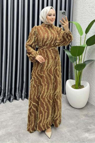 Kalemen Moda فستان إليزا مزين بالشراشيب 6227 بني