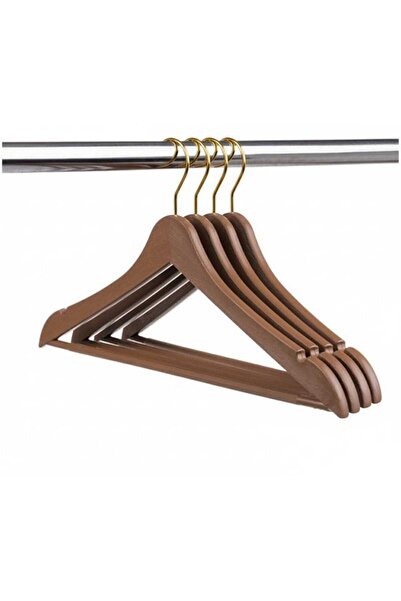 widea 24'lü Set Ahşap Görünümlü Kahverengi Plastik Elbise Askısı Gold Kancalı