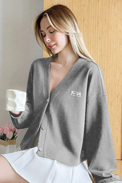 Mood Lab Waffle Dokulu Grimelanj Slogan Peç Detaylı Düğmeli Uzun Kol Hırka