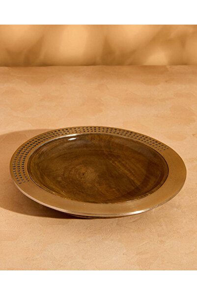 REDTAG صينية خشبية بنية مستديرة بقاعدة معدنية ذهبية