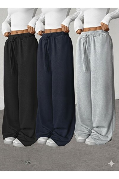 COLNY 3'LÜ PAKET SİYAH GRİ LACİVERT RAHAT KALIP DÜZ PAÇA EŞOFMAN ALTI