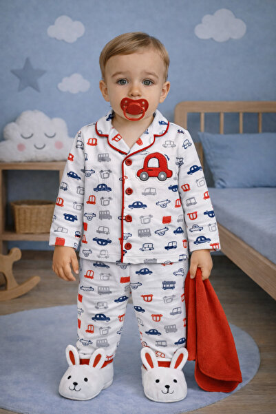 poli foni Erkek Bebek/Çocuk Arabalı 1-6 Yaş Önden Düğmeli Pijama Takımı
