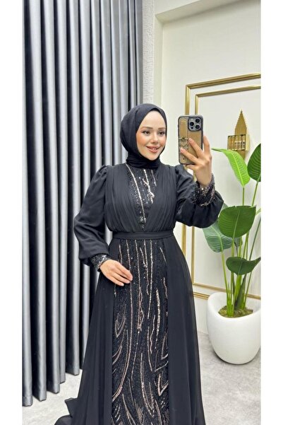 Kalemen Moda Şifon Kuyruklu Shine Taşlı Abiye 6631 Siyah