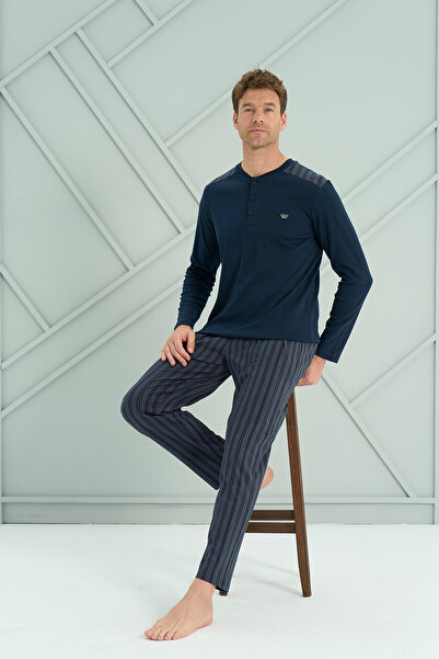 Owersleep طقم بيجامة رجالي من قماش الإنترلوك للشباب مع فتحة أمامية |   الأزرق...