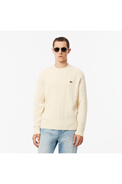 Lacoste Erkek Classic Fit Bisiklet Yaka Desenli Krem Kazak