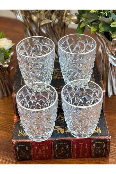atabey home 4 ADET KRİSTALİZE MODEL MEŞRUBAT & SU BARDAĞI-GÜMÜŞ DETAYLI 300 ML 10 CM