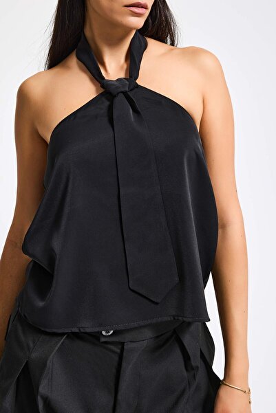 it's basic Women's Black Color Tie Detailed Halter Neck Design Blouse