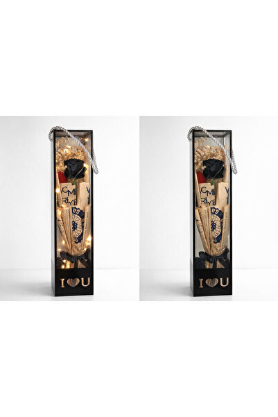 Tasarım Işıklı Pleksi Kutuda El Yapımı Siyah Gül Aranjmanı