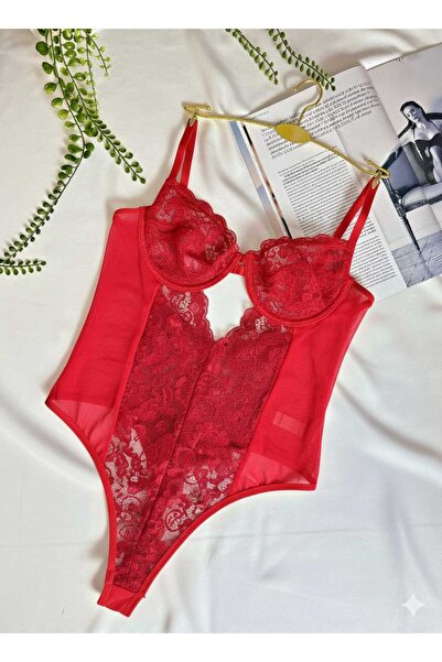 La Linaa Елеонор Червоний Боді з мереживом, прозорий, з балеринами