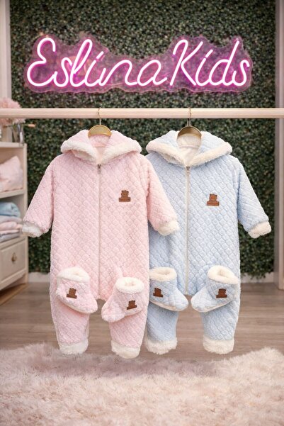 Eslina Peluş Kapitone Bebek Tulum panduf set