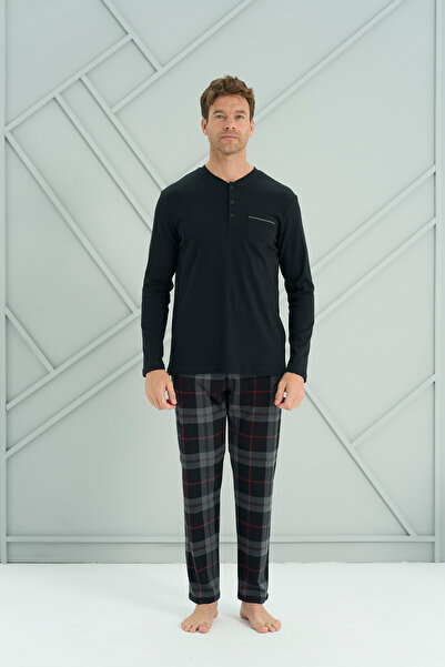 Owersleep طقم بيجامة رجالي من قماش الإنترلوك للشباب مع فتحة أمامية |   أسود 2233