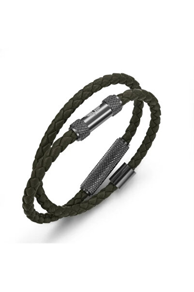 Police Urban Texture Light Grey & Green Leather Wrap Bracelet Large