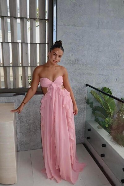 theanemos Fırfır Detaylı Straplez Cut-Out Maxi Elbise