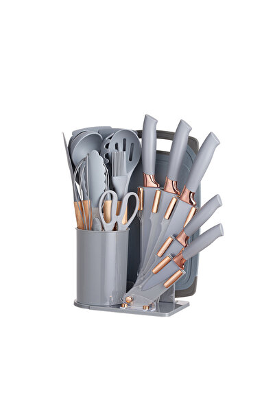 OEM Stainless steel knife set and kitchen utensils in stand 20 pieces, gray
