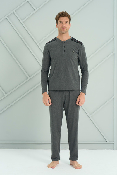 Owersleep طقم بيجامة رجالي من قماش الإنترلوك للشباب مع فتحة أمامية |   أنثراس...
