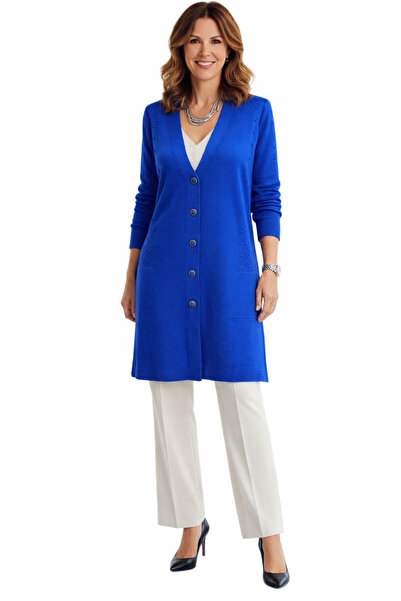 Mısıroğlu Kadın Uzun Triko Hırka, V Yaka, Düğmeli, Badem Dokulu Şık tasarım