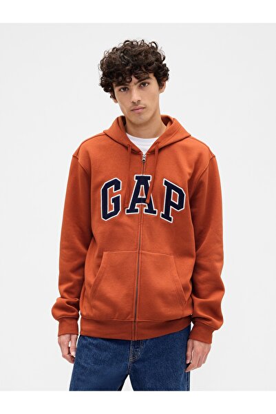 GAP Erkek Turuncu Logo Relaxed Fleece Fermuarlı Sweatshirt