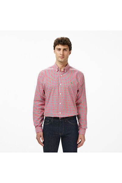 Lacoste Erkek Regular Fit Düğmeli Yaka Kareli Kırmızı Gömlek