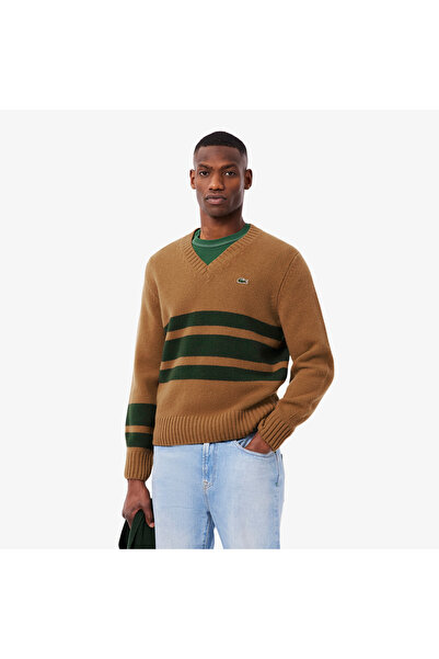 Lacoste Erkek Classic Fit V Yaka Çizgili Kahverengi Kazak