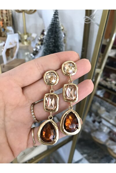 the ASEL İNCİ Vintage Damla Model Kahverengi Detaylı Küpe