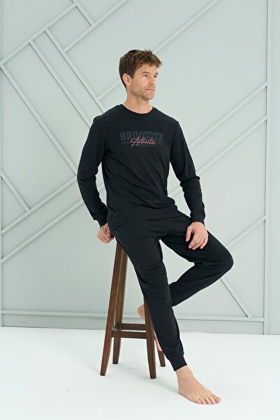 Owersleep طقم بيجامة رجالي بياقة دائرية من قماش الإنترلوك |   أسود 2223