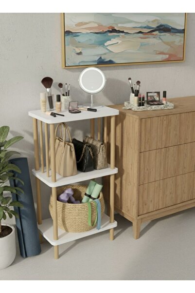 Macco Mobilya 3 Katlı Ahşap Dikdörtgen Yan Sehpa Çok Amaçlı Dekoratif Raf Üni...