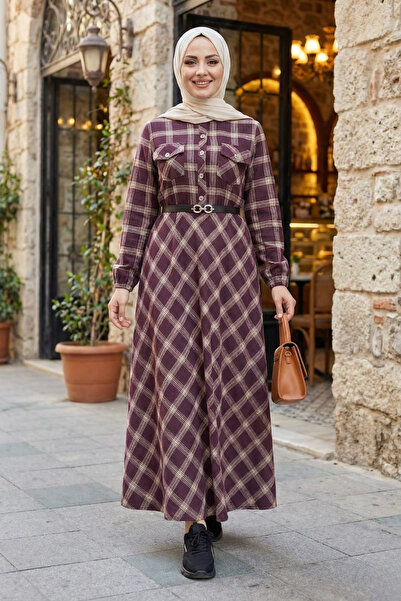 Hb Harma Time Butik Women's Buttoned Belted Burgundy Plaid Fabric Dress