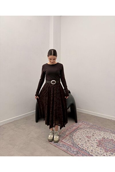 mfkeskin Desenli Tül Etek-Kahverengi