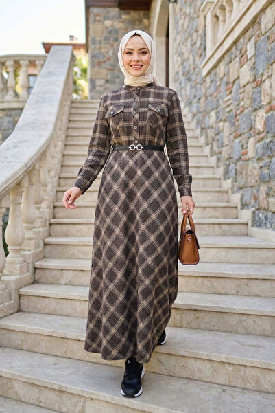 Hb Harma Time Butik Women's Buttoned Belted Brown Plaid Fabric Dress