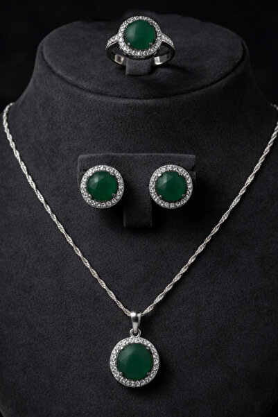 OSMANLI GÜMÜŞ Kadın Gümüş Kolye Küpe Yüzük Set - Yuvarlak Yeşil Aventurin Taş...