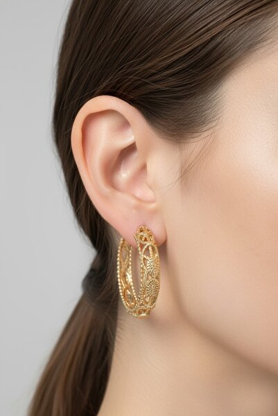 AlminaMia Filigree Patterned Gold Color Hoop Earrings (Vintage Lace)