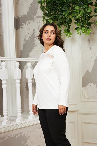 RMG Plus Size White Blouse with Stone and Tulle Detail