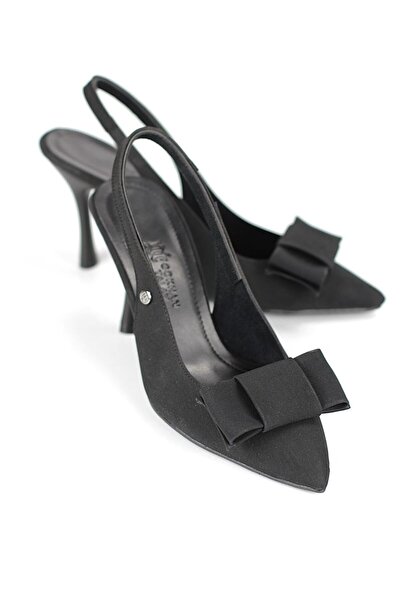 Lady Sunna Niveller Siyah Süet Köşe Fiyonk Detaylı Sivri Burun Açık Topuklu (Slingback) Lastikli 8 c