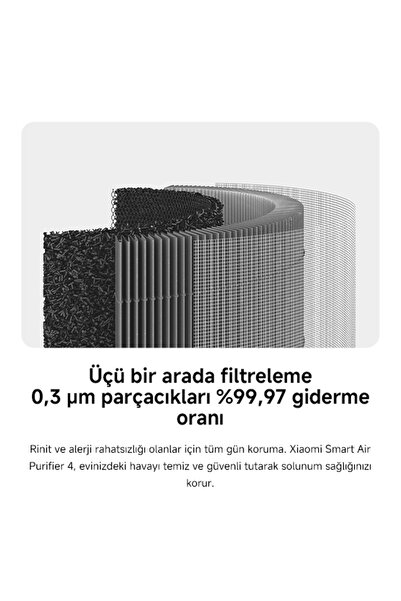 Xiaomi Air Purifier 4 Beyaz Akıllı Hava Temizleyici-48 m2 Alan, Uygulama/Ses Kontrolü (Xiaomi TR Garantili)