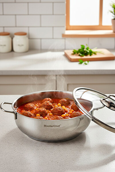 Masterchef 28 cm Basık Tencere – Paslanmaz Çelik, İndüksiyon Tabanlı, Cam Kap...