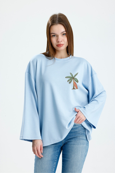 VOICTEC Oversized Modal Fabric Palm Printed Sweatshirt