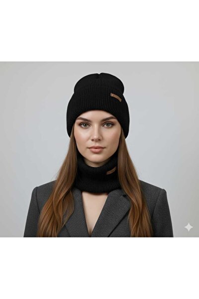Çimen Butikk Hand-Knitted Black Color Beret Neck Collar Set