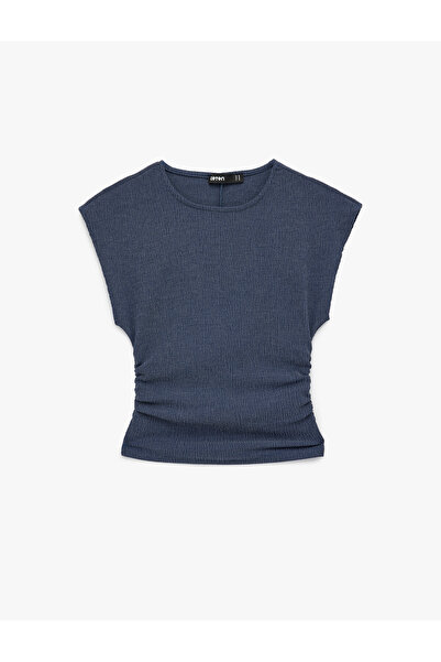 Koton Bürümcük Kumaş slim fit drapat Tricou cu mânecă scurtă guler rotund