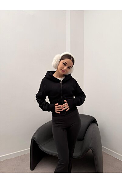 mfkeskin Fermuarlı Kapşonlu Bel Korse Hırka-Siyah