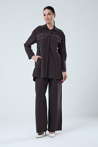 Jupe Kadın Kuşgözü Detaylı Tensel Gömlekli Takım 8594