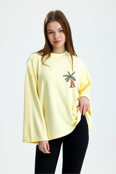 VOICTEC Oversized Modal Fabric Palm Printed Sweatshirt