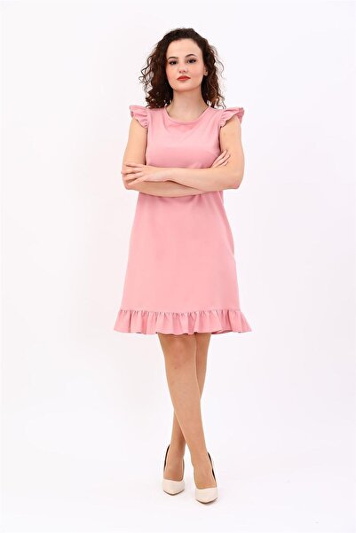 ÖNDER ÖZSOY Ruffle Detailed Pocketed Comfortable Women's Dress-Powder