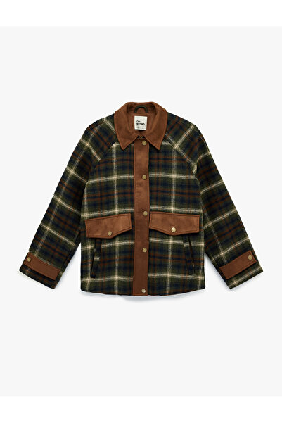 Koton Classic Plaid Oversized Coat with Lapel Snap Buttons and Pocket Detail