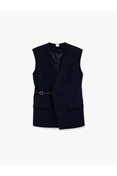 Koton Double-Breasted Long Sleeveless Vest with Collar Belt