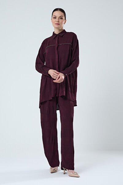 Jupe Kadın Taş Detaylı Piliseli Dokuma Gömlekli Takım 8588