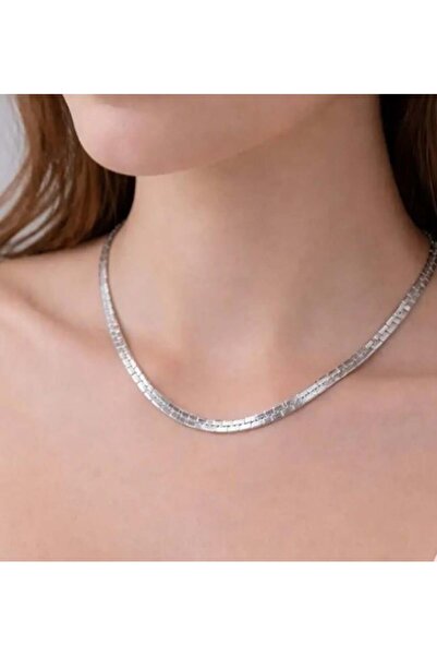Store Non-Tarnish Steel Silver Necklace - Italian Crushed Model Flat Chain Lu...