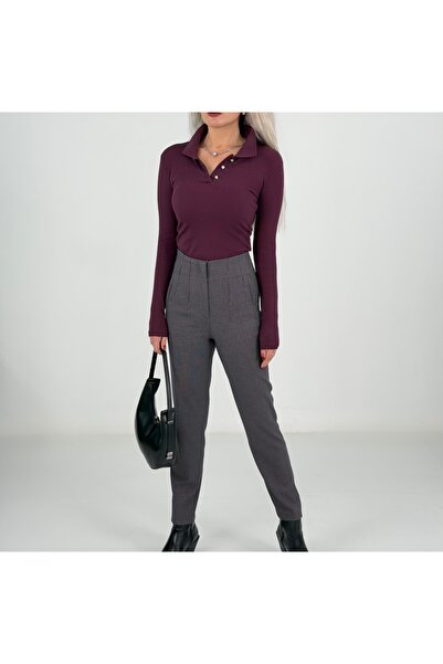 KAROL Gri Yüksek Bel Kareli Kumaş Kadın Pantolon