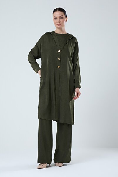 Jupe Kadın Altın Düğme Detaylı İpek Kupra Üçlü Salaş Takım 8586