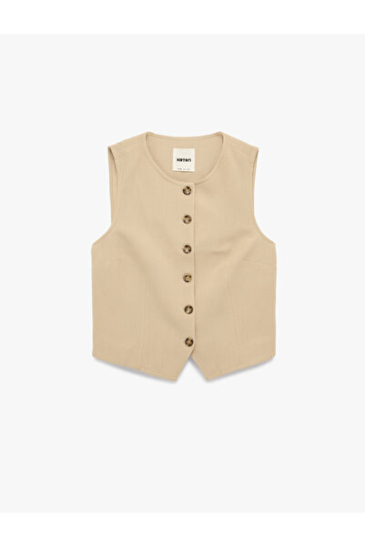 Koton Linen Look Crew Neck Buttoned Slim Fit Blazer Vest