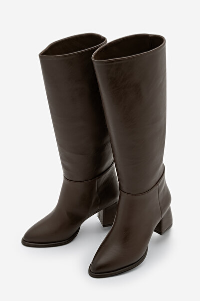 Marjin Women's Pointed Toe Non-Zipper Thick Heeled Boots Aluta Brown